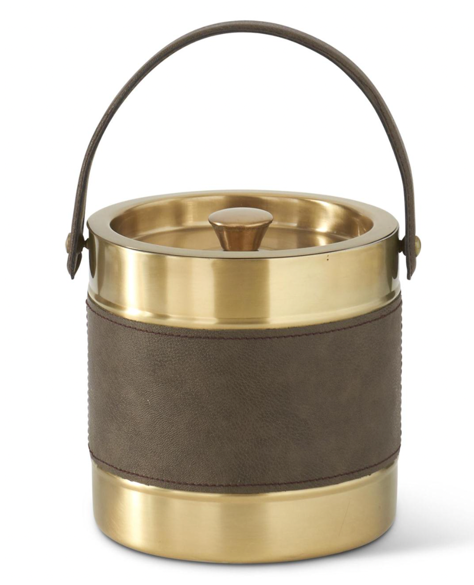 Gold Metal Ice Bucket w Brown Leather Stripe