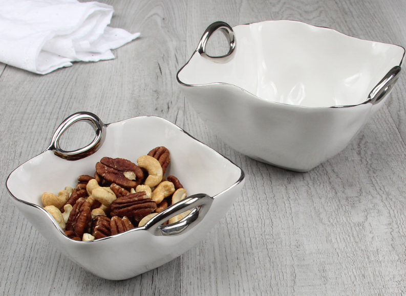 Square Serving Bowl w Silver  Handles 3 sizes