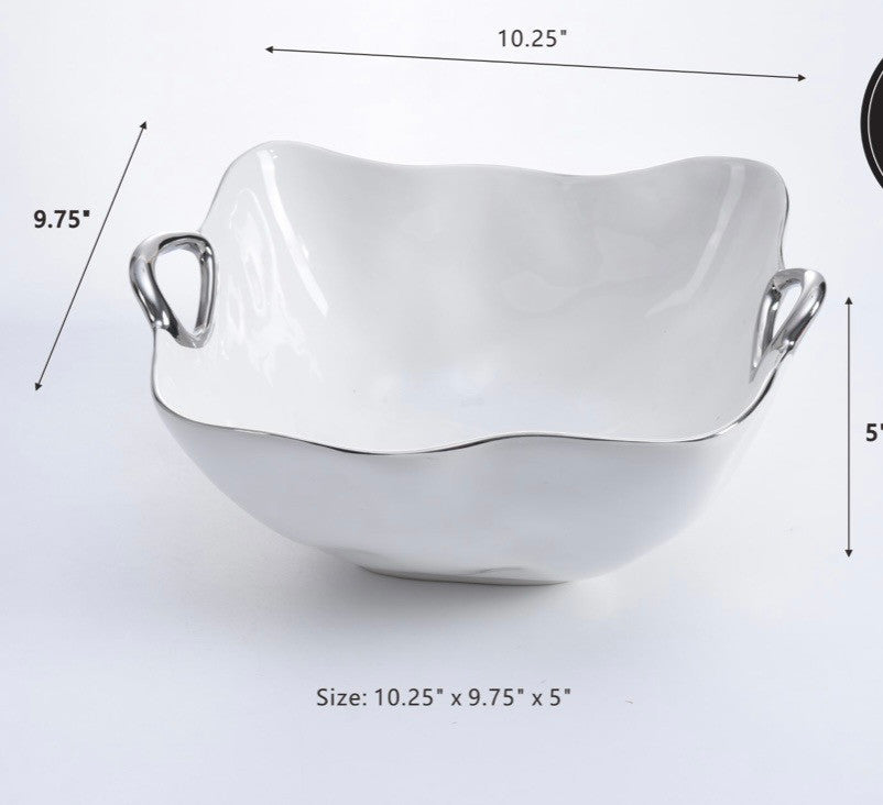 Square Serving Bowl w Silver  Handles 3 sizes