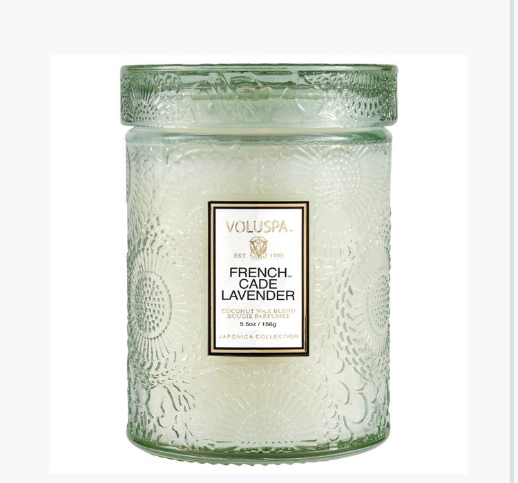 Voluspa Mini Tall Embossed Glass Jar- French Cade Lavender