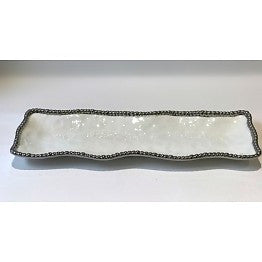 White rectangle platter with silver beading