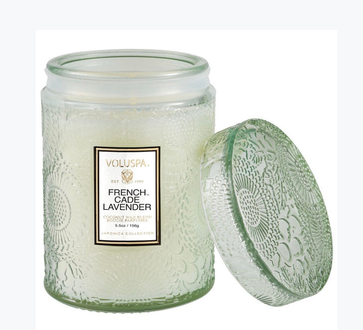 Voluspa Mini Tall Embossed Glass Jar- French Cade Lavender