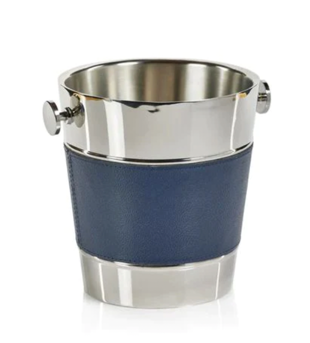 Laguna Navy Leather and Nickel Ice Bucket